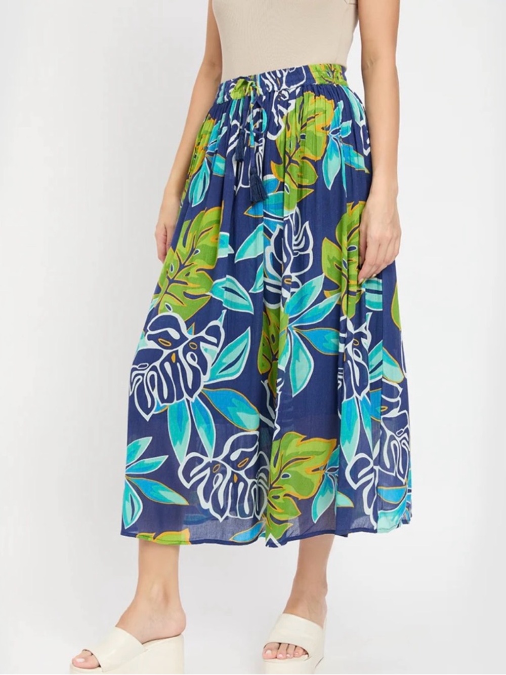 Women's Gypsiblu Navy Blue Tropical Print Midi Skirt